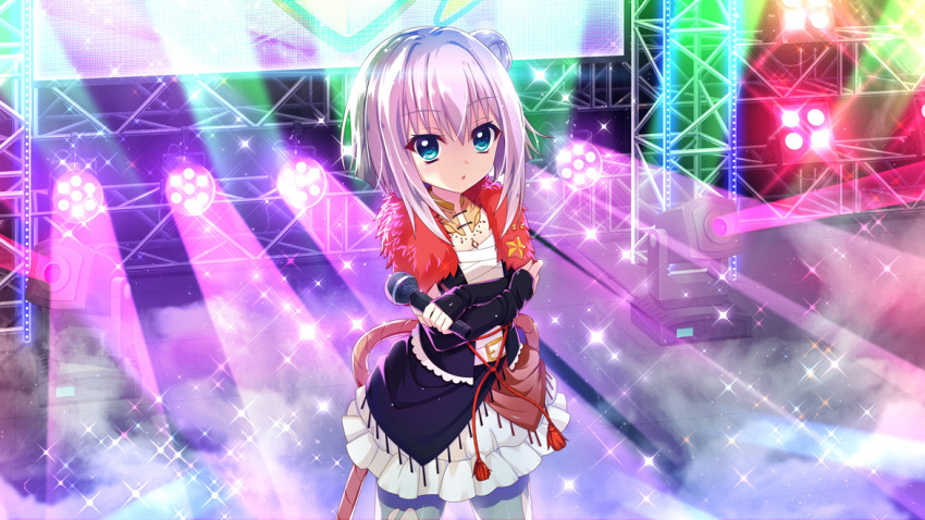 1girl belt black_skirt black_sleeves black_vest blue_eyes colored_lights concert costume_request crossed_arms detached_sleeves film_grain fingerless_gloves fog fur-trimmed_vest game_cg glint gloves hair_bun holding holding_microphone idol idol_clothes izumi_tsubasu layered_skirt microphone multicolored_clothes multicolored_skirt multiple_belts nishidate_haku non-web_source official_art open_mouth re:stage! red_skirt red_trim sarashi screen short_hair single_hair_bun skirt solo sparkle stage stage_lights star_(symbol) vest white_belt white_hair