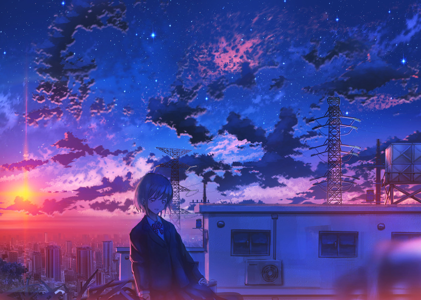1girl air_conditioner blurry blurry_foreground bow bowtie building city cityscape cloud collared_shirt commentary cowboy_shot highres jacket kenzo_093 long_sleeves open_mouth original outdoors power_lines scenery shirt short_hair sky solo star_(sky) starry_sky sunset transmission_tower utility_pole window