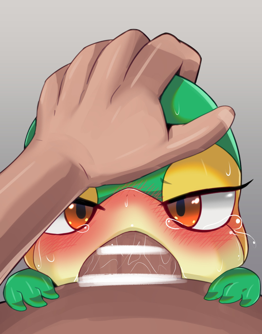 3_fingers 5_fingers ambiguous_gender anthro anthro_penetrated biped bodily_fluids brown_eyes censor_bar censored censored_genitalia censored_penis deep_throat duo erection eyelashes fingers generation_5_pokemon genitals green_body grey_background hand_on_head hi_res himimi human human_on_anthro human_penetrating human_penetrating_anthro interspecies male male/ambiguous mammal nintendo oral oral_penetration penetration penis pokemon pokemon_(species) pokephilia sex simple_background size_difference snivy tan_body tears yellow_body