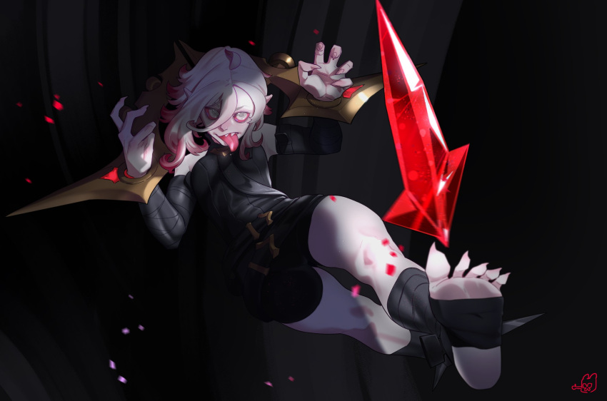 1girl ahoge belt black_belt briar_(league_of_legends) colored_sclera detached_sleeves feet fingernails full_body gem hair_between_eyes highres hong_doo league_of_legends legs long_hair looking_at_viewer no_shoes outstretched_foot pale_skin pointy_ears red_gemstone red_sclera serious sharp_fingernails sharp_teeth sidelocks soles solo stirrup_legwear teeth toeless_legwear toenails tongue tongue_out vampire white_eyes wrist_cuffs