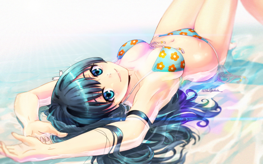 1girl armpits arms_up beach bikini black_hair blue_bikini blue_eyes breasts collarbone cowboy_shot fingernails floral_print flower front-tie_bikini_top front-tie_top hair_flower hair_ornament highres legs lips long_hair looking_at_viewer medium_breasts navel partially_submerged saten_ruiko side-tie_bikini_bottom signature smile solo stomach sunlight swimsuit toaru_kagaku_no_railgun toaru_majutsu_no_index tsubame8982 water