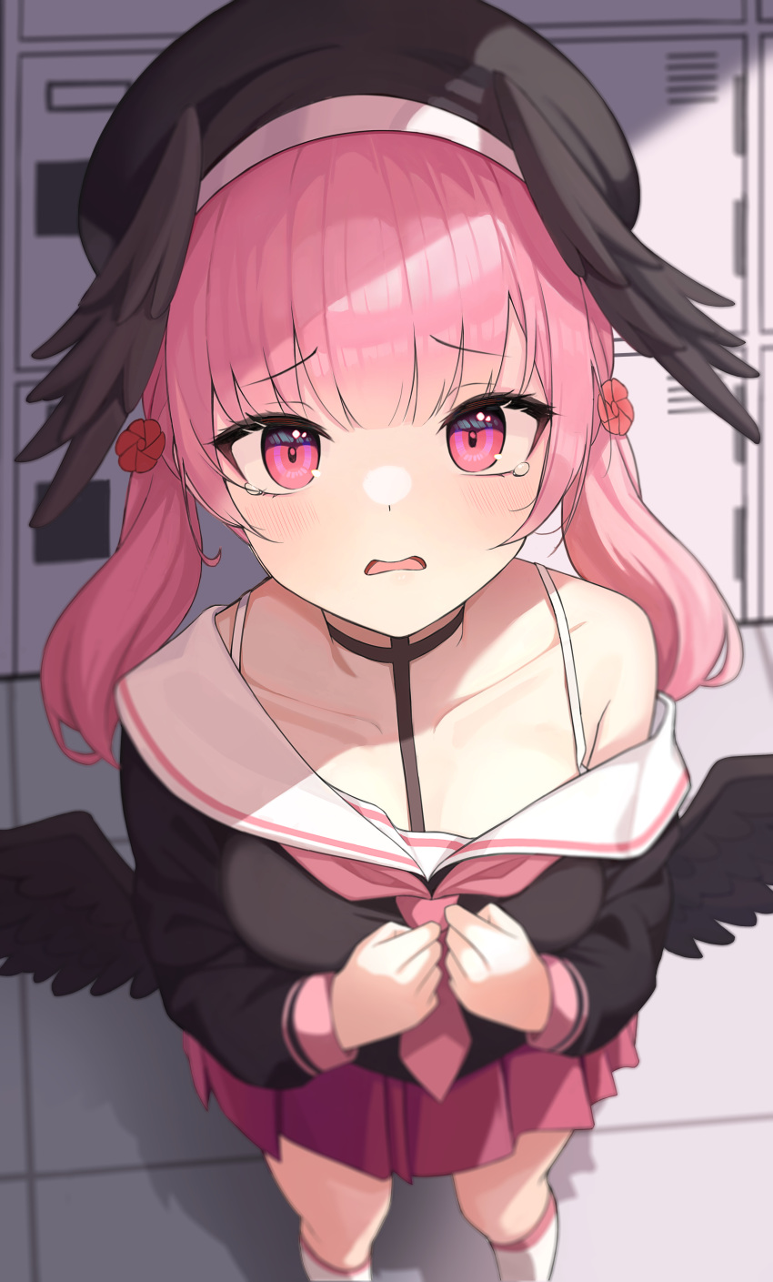1girl absurdres black_choker black_headwear black_wings blue_archive blush bra bra_strap choker feathered_wings halo head_wings highres koharu_(blue_archive) looking_at_viewer low_wings medium_hair neckerchief off_shoulder open_mouth pink_eyes pink_hair pink_neckerchief pipipipyu sailor_collar solo twintails underwear white_sailor_collar winged_hat wings