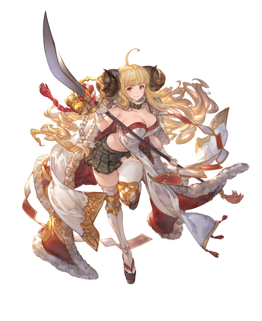 1girl absurdres ahoge anila_(granblue_fantasy) black_skirt blonde_hair blunt_bangs breasts brown_eyes cape cleavage closed_mouth curled_horns draph full_body fur-trimmed_cape fur_collar fur_trim gloves granblue_fantasy granblue_fantasy_versus highres holding holding_polearm holding_weapon horns large_breasts leg_up long_hair looking_at_viewer midriff_peek minaba_hideo naginata navel official_art pelvic_curtain pleated_skirt polearm skirt smile solo standing standing_on_one_leg thighhighs transparent_background weapon white_gloves white_thighhighs zettai_ryouiki zouri