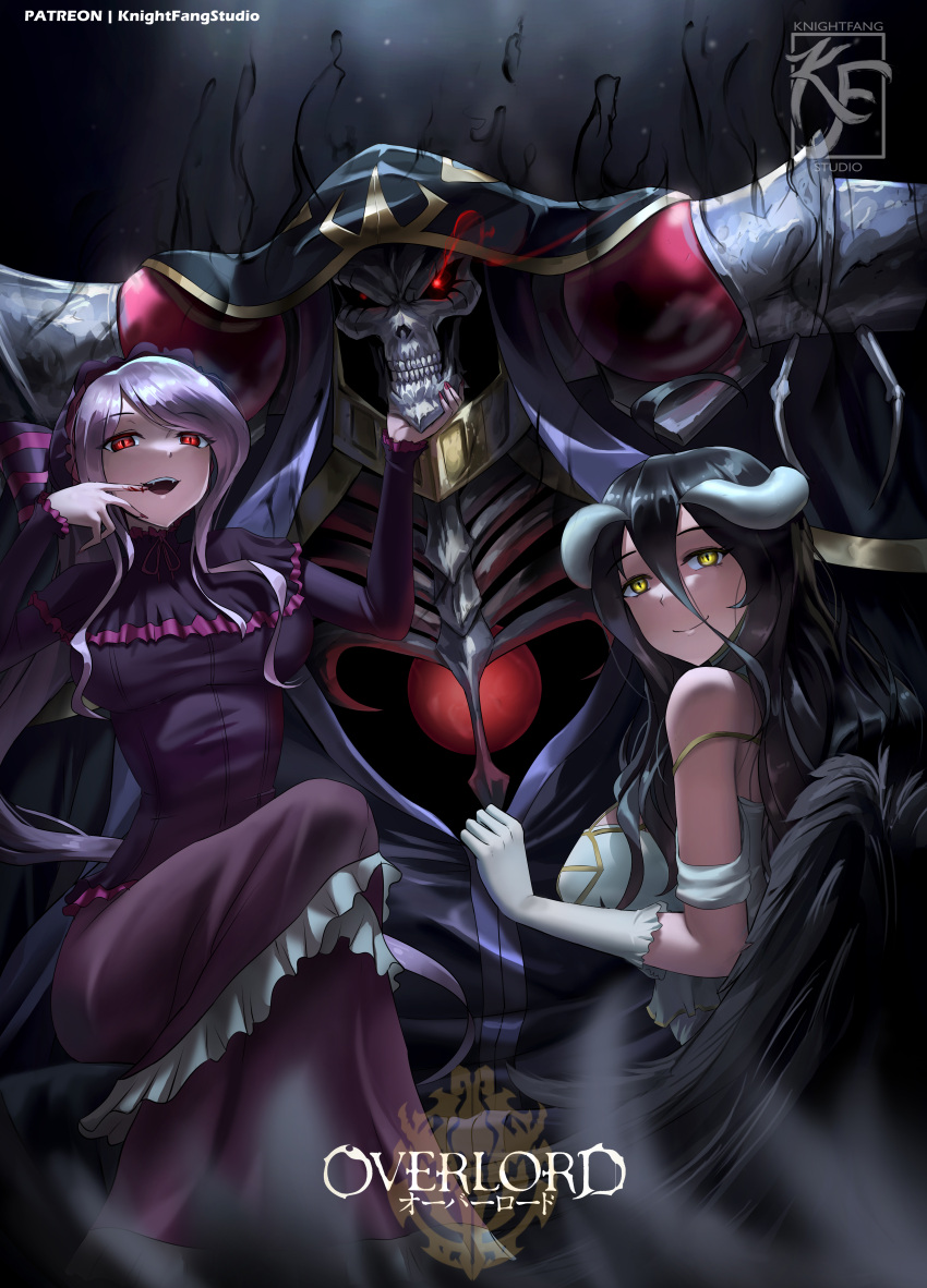 1boy 2girls absurdres ahoge ainz_ooal_gown albedo_(overlord) artist_logo artist_name black_hair black_wings blurry blurry_background blurry_foreground bow breasts clothes_pull commentary copyright_name crossed_legs demon_girl demon_horns double-parted_bangs dress energy english_commentary eye_trail fangs fantasy feathered_wings fingernails foreground_text frilled_dress frilled_sleeves frills gloves glowing glowing_eye gothic_lolita grabbing_another's_chin hair_between_eyes hair_bow hand_on_another's_chin hand_to_own_face hand_up hands_up highres hood hood_up hooded_robe horns knightfang lich light_particles light_trail logo lolita_fashion long_dress long_hair long_sleeves looking_at_viewer looking_to_the_side low_horns medium_breasts multiple_girls off-shoulder_dress off_shoulder open_mouth overlord_(maruyama) patreon_username pink_nails purple_dress purple_hair raised_eyebrows red_eyes ribs robe shalltear_bloodfallen single_bare_shoulder sitting sitting_on_lap sitting_on_person skeleton skull slit_pupils smile split_mouth swept_bangs text_focus turning_head vampire very_long_hair watermark white_dress white_gloves white_horns wings yellow_eyes