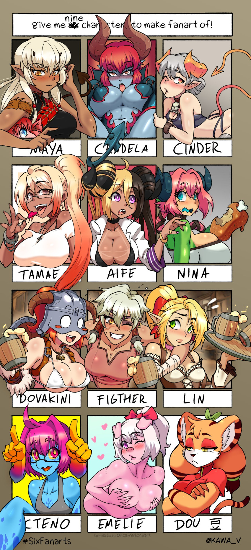 ! 6+girls absurdres ahoge aife_(zana) alcohol animal_ears beer beer_mug bikini blonde_hair blue_eyes blue_skin blush borrowed_character bracelet breasts brown_eyes choker cinder_(norasuko) cleavage collarbone colored_skin commentary cteno cup dark-skinned_female dark_elf dark_skin demon_girl demon_horns demon_tail dou_(diives) dovahkiin dovakini-chan elf emelie_(cyancapsule) english_commentary english_text furry furry_female green_eyes green_skin grey_hair hair_between_eyes hair_bun heart helmet highres holding holding_tray horns jewelry kawa-v large_breasts long_hair looking_at_viewer medium_breasts mug multiple_girls navel necklace nina_(eigaka) one_eye_closed open_mouth orange_hair original pig_ears pig_girl pig_nose pink_hair pink_skin pointy_ears ponytail purple_eyes red_hair ring scar scar_on_face short_hair swimsuit tail tattoo teeth the_elder_scrolls the_elder_scrolls_v:_skyrim tongue tongue_out tray twintails twitter_username yellow_eyes