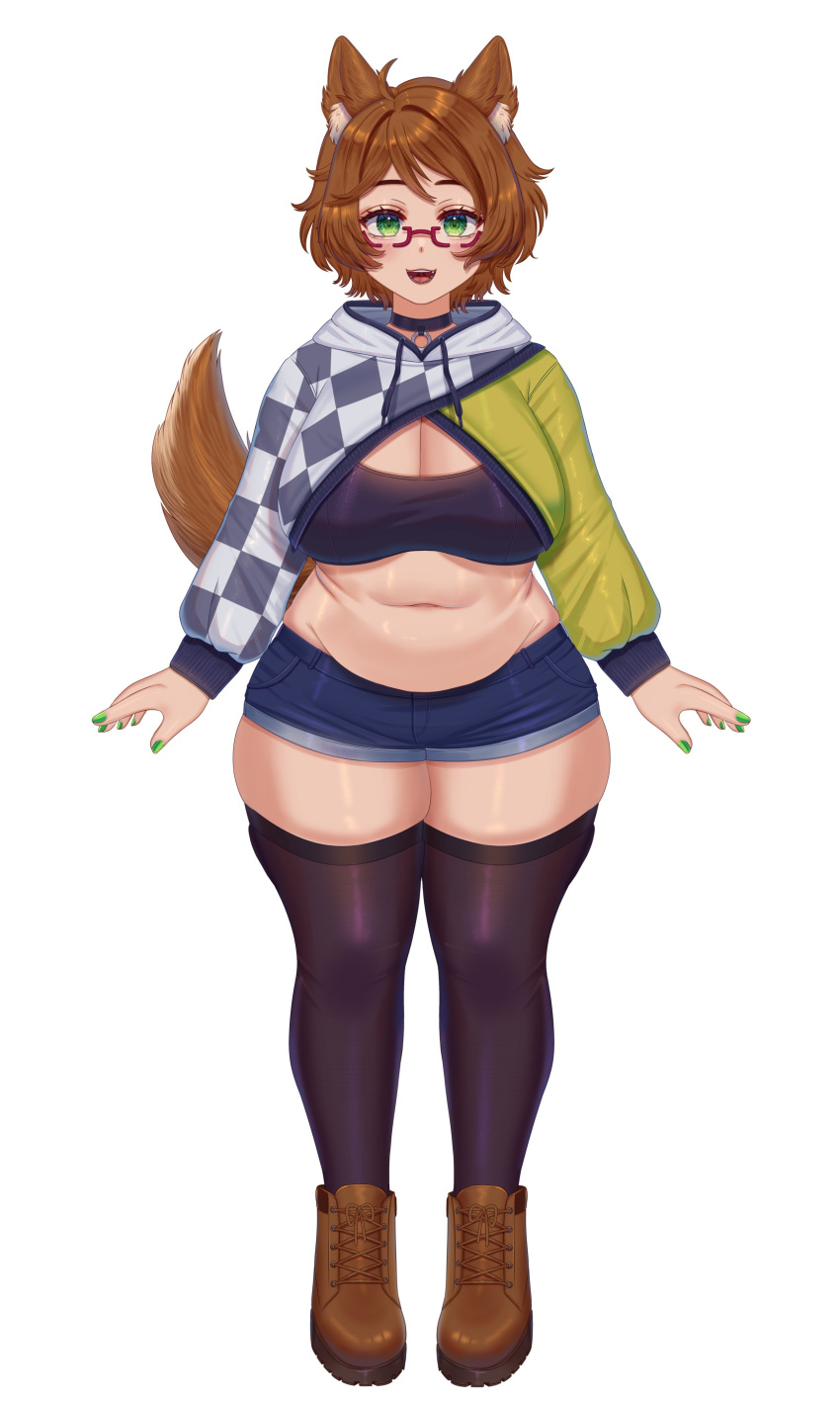 1girl absurdres ahoge animal_ear_fluff animal_ears arms_at_sides blush boots breasts brown_hair brown_tail choker cleavage dog_girl drawstring full_body glasses green_eyes green_nails highres hood hood_down hoodie indie_virtual_youtuber large_breasts long_sleeves looking_at_viewer medium_hair midriff mint_castella navel open_hands open_mouth plump pocket red-framed_eyewear second-party_source semi-rimless_eyewear short_shorts shorts simple_background smile solo standing straight-on su_niii tail tareme thick_thighs thighhighs thighs virtual_youtuber white_background