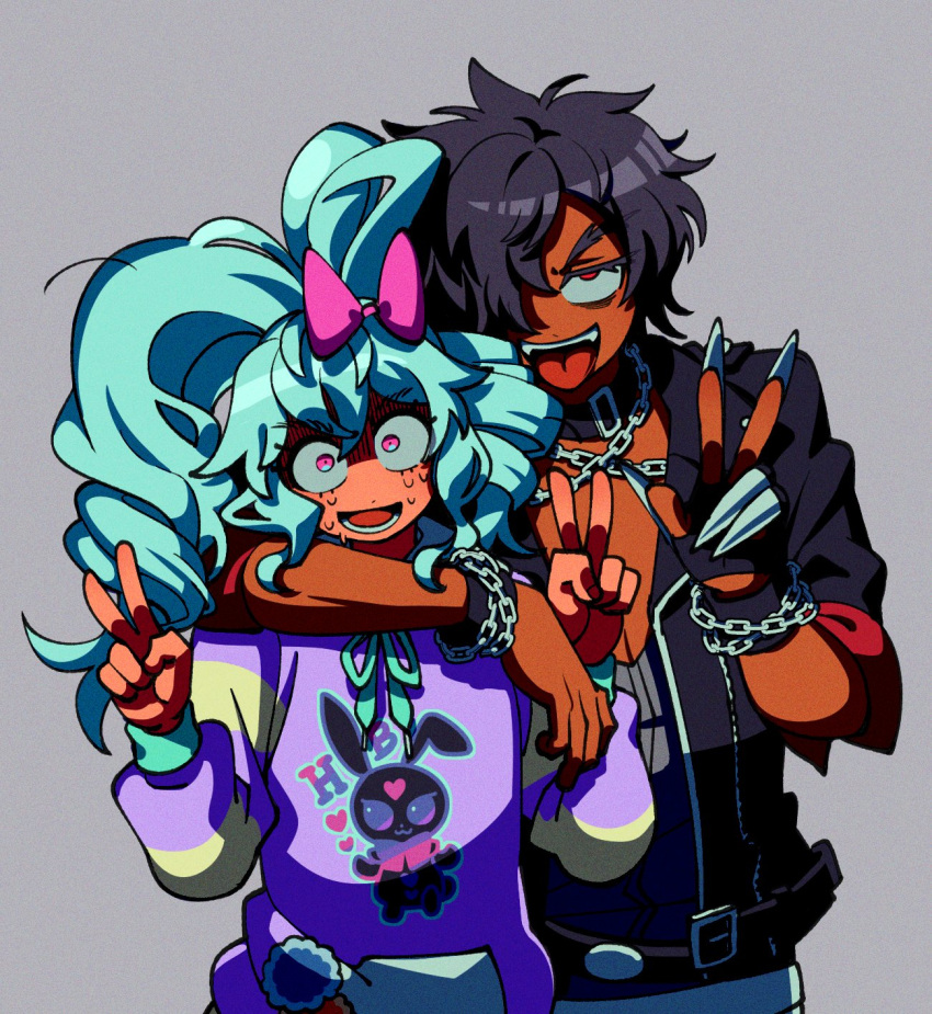 1boy 1girl :d animal_print arm_over_head black_hair black_jacket blue_hair bow chain_necklace claw_ring dark-skinned_male dark_skin double_v drill_hair fingerless_gloves gloves grey_background hair_between_eyes hair_bow hair_over_one_eye hands_up highres hood hoodie idol_land_pripara jacket jewelry katasumi_amari lau_(laustar30) long_hair long_sleeves looking_at_viewer mario_(pripara) necklace nervous nervous_smile nervous_sweating open_mouth pink_bow pretty_(series) pripara purple_hoodie red_eyes short_hair simple_background smile standing sweat tongue tongue_out twin_drills twintails upper_body v very_long_hair wristband