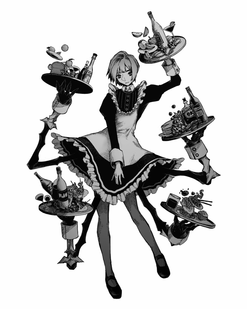 1girl apple apple_slice apron bottle chopsticks closed_mouth commentary cup dress dress_tug drink drinking_glass english_commentary extra_arms flat_chest food french_fries frilled_apron frills fruit full_body greyscale hand_up hands_up highres holding holding_tray juliet_sleeves long_sleeves looking_at_viewer maid maid_apron making-of_available mary_janes monochrome original pantyhose plate puffy_sleeves shoes short_hair simple_background skewer sleeve_cuffs solo standing toast tray wine_bottle wrist_cuffs zero808w