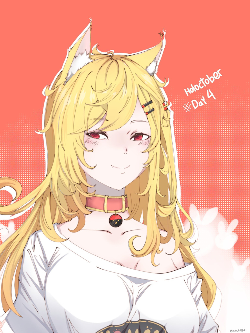 1girl aion_tesla animal_ear_fluff animal_ears blonde_hair collar fang hair_ornament hairclip highres hololive hololive_indonesia kaela_kovalskia looking_at_viewer off_shoulder red_eyes shirt simple_background skin_fang smile solo t-shirt upper_body virtual_youtuber white_shirt