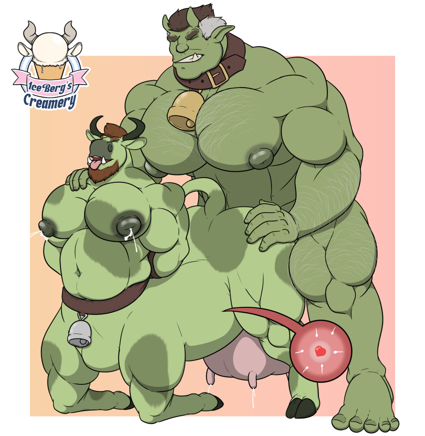 1ceberg absurd_res anthro arms_tied belt big_nipples big_pecs bodily_fluids body_hair bound bovid bovid_taur bovine bovine_taur cattle cattle_taur cowbell duo hand_on_butt hi_res humanoid impregnation lactating male male/male male_lactation mammal mammal_taur milk muscular muscular_male nipples orc pecs size_difference slightly_chubby taur teats transformation udders