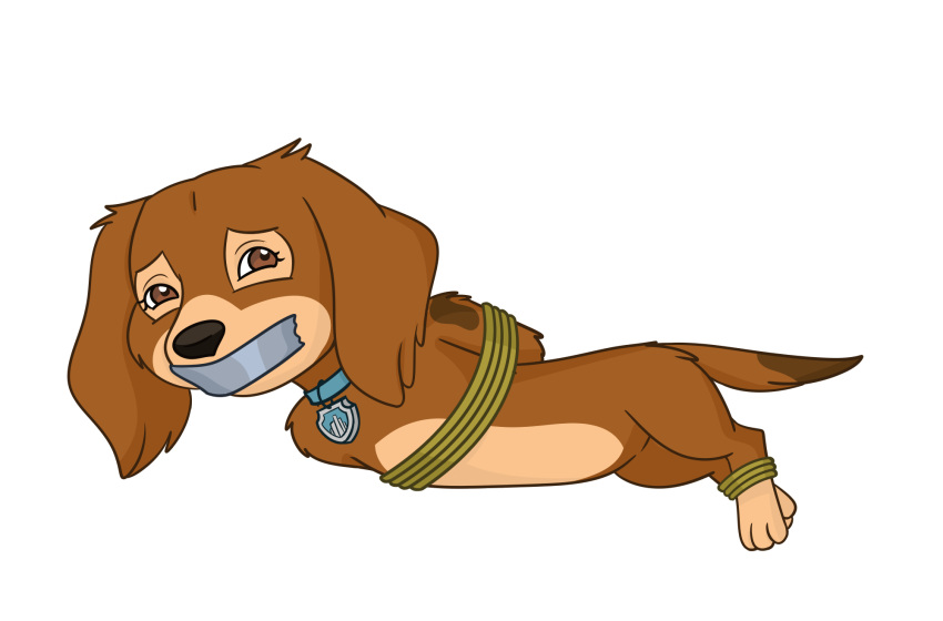 bdsm bondage bound bound_and_gagged canid canine canis dachshund damsel_in_distress domestic_dog female hi_res hunting_dog kidnapping liberty_(paw_patrol) mammal solo tiedup