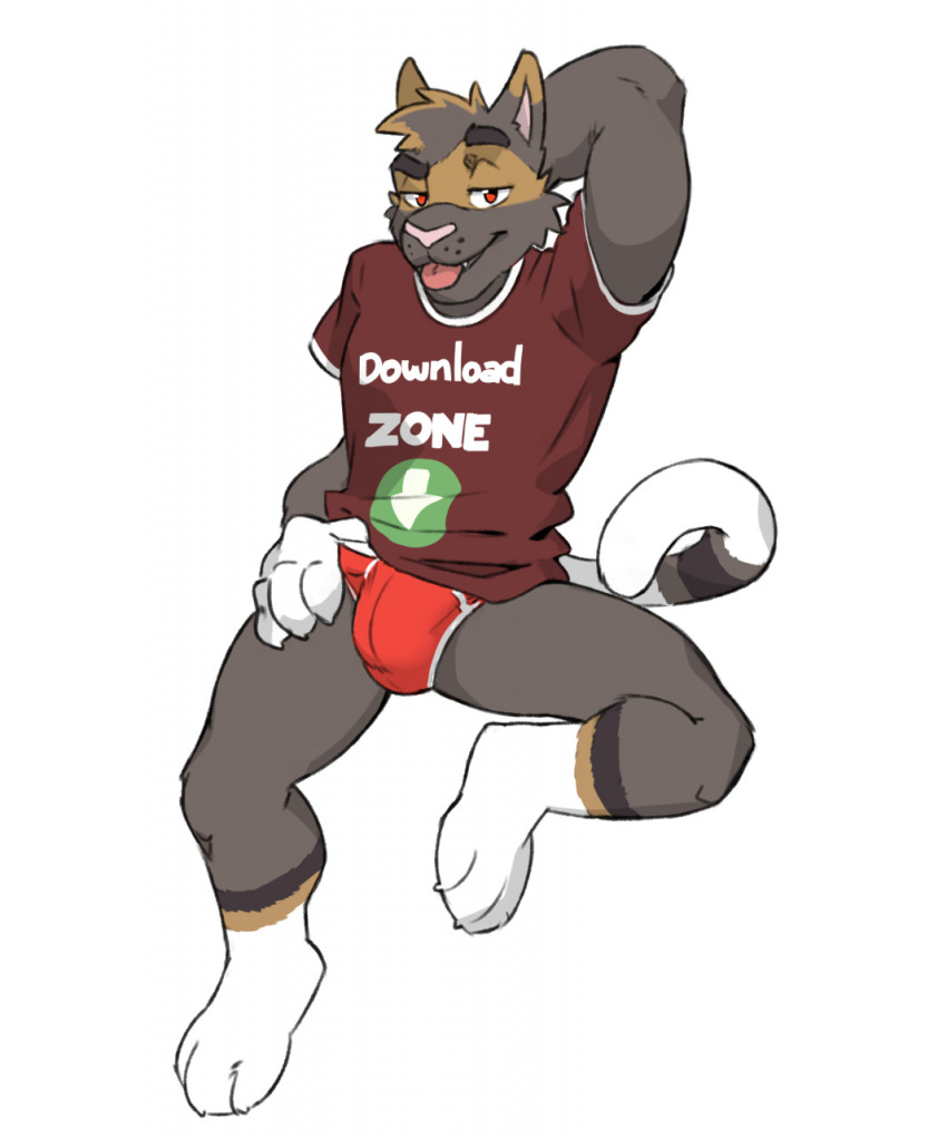 anthro barley_(barleythecat) clothing domestic_cat felid feline felis gato_matero hand_behind_head hand_on_leg hand_on_thigh hi_res leg_markings looking_at_viewer male mammal markings red_eyes shirt simple_background socks_(marking) solo tail tongue tongue_out topwear underwear