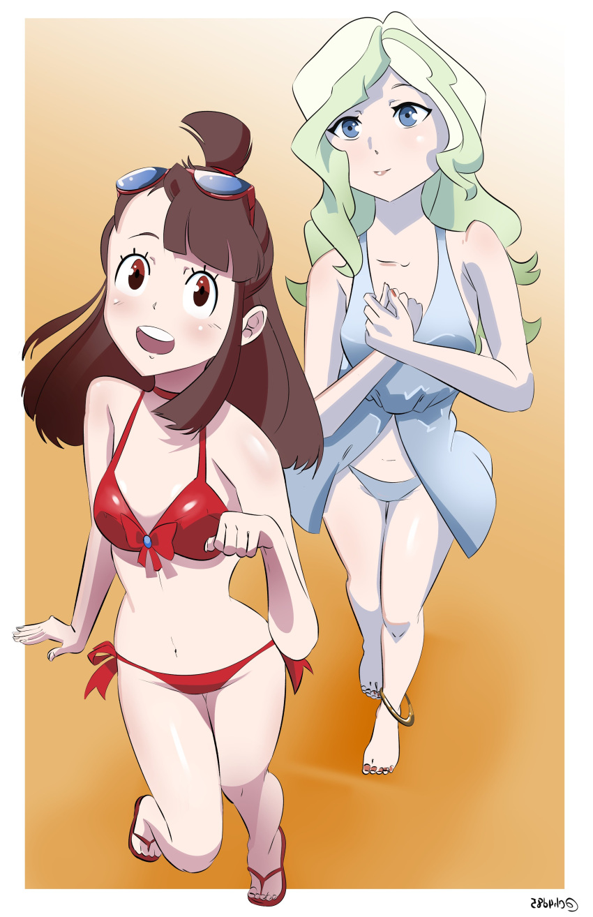 absurdres barefoot beach bikini blonde_hair blue_eyes brown_eyes chadgarciaburg collar diana_cavendish dress highres little_witch_academia red_bikini red_eyes sandals smile sunglasses swimsuit teeth white_dress