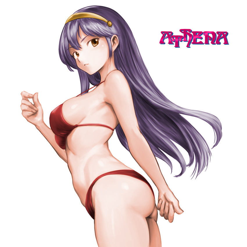 1girl ass athena_(series) bare_arms bare_shoulders bikini breasts brown_eyes copyright_name hairband hand_up highres medium_breasts minamoto80486 princess_athena purple_hair red_bikini ringed_eyes sideboob simple_background solo standing swimsuit thighs white_background yellow_hairband