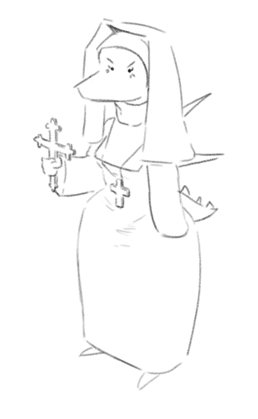 anthro christian_cross christianity dinosaur erin_(snoot_game) female hi_res looking_at_viewer monochrome mouthless nun nun_habit nun_outfit orange_bongo religion reptile scalie simple_background sketch snoot_game_(fan_game) solo thick_thighs white_background