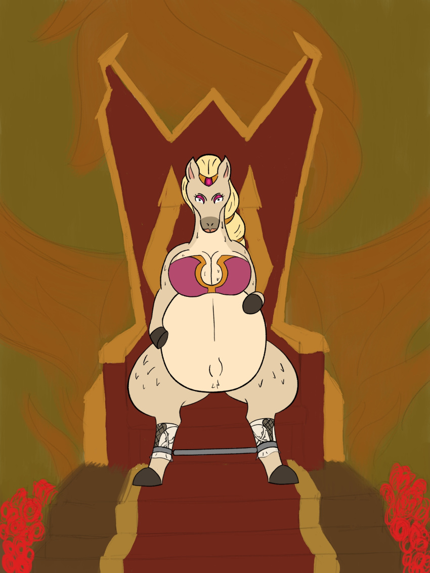 adult_swim anthro belly_overhang breasts cartoon_network chair chud cleavage cleavage_cutout clothed clothing equid equine female furniture hi_res holding_belly hoof_hands horse lace_stockings looking_at_viewer makeup mammal obese overweight painted_background partially_clothed ponietta pregnant restraints rick_and_morty sitting sitting_on_throne solo spreader_bar throne veiled_lioness