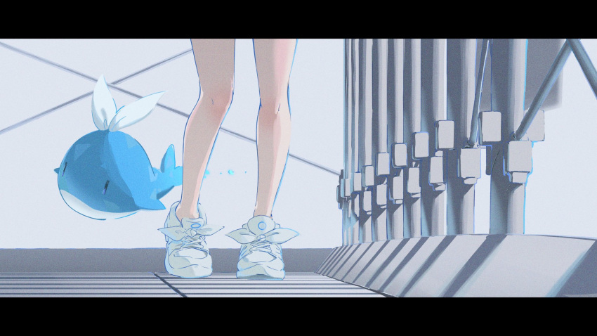 1girl arona_(blue_archive) blue_archive bonsai_403 highres legs letterboxed lower_body railing shoes sneakers solo whale white_footwear