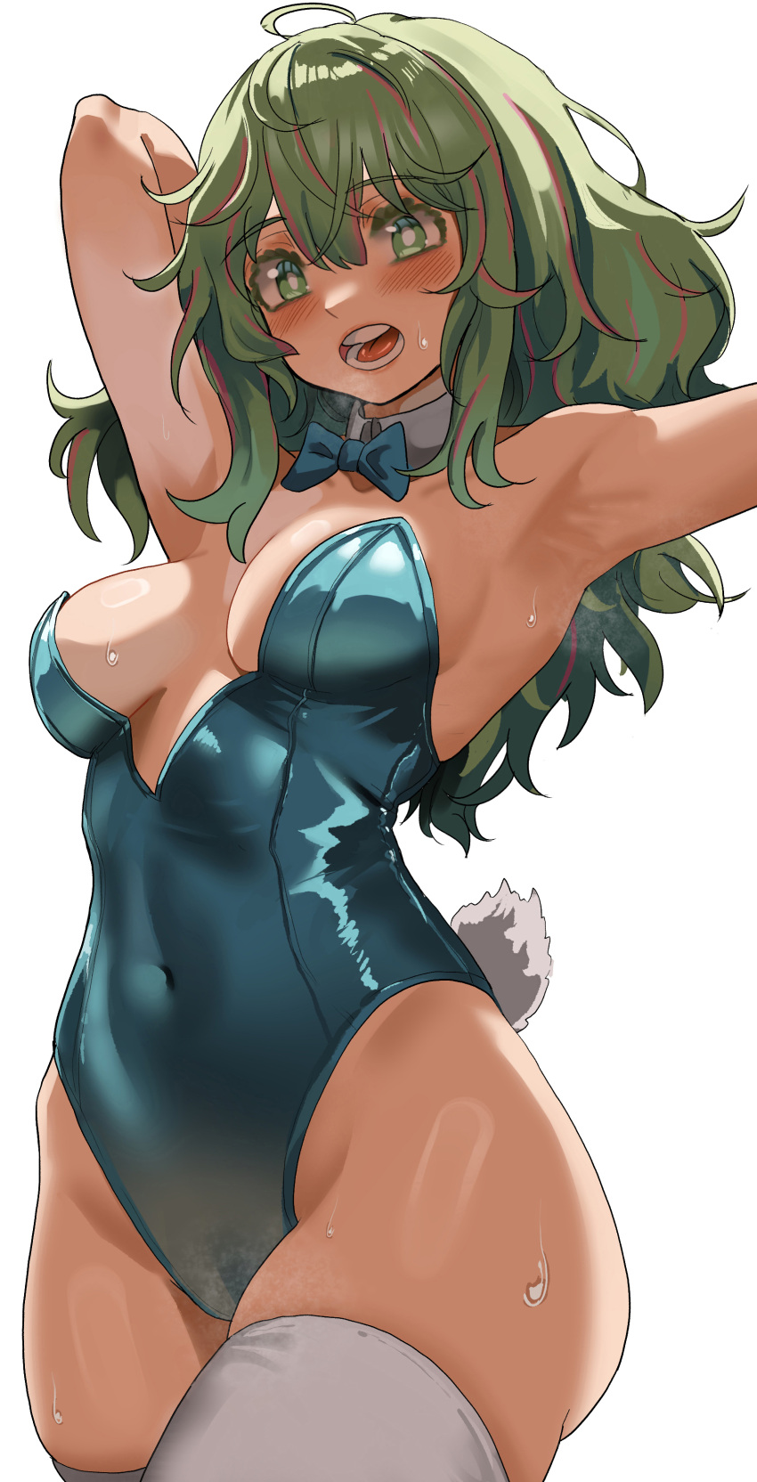 1girl absurdres alternate_costume armpits arms_up boku_no_hero_academia breasts covered_navel fake_tail green_eyes green_hair green_leotard hagakure_tooru highres leotard medium_breasts messy_hair multicolored_hair open_mouth pink_hair playboy_bunny rabbit_tail solo sweat tail thick_eyelashes thighhighs two-tone_hair unusually_visible white_thighhighs zd_(pixiv6210083)