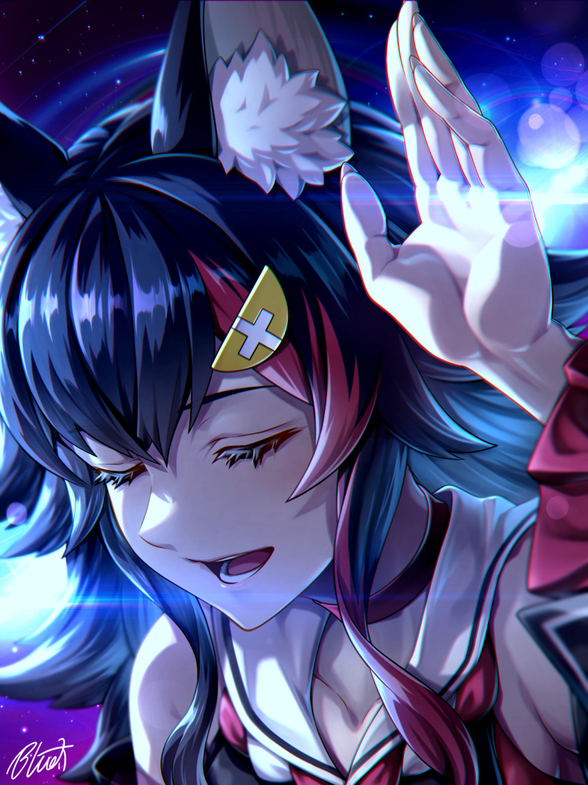 1girl animal_ear_fluff animal_ears black_hair buru-dai choker closed_eyes commentary_request eyelashes fingernails highres hololive lens_flare long_fingernails multicolored_hair ookami_mio open_mouth portrait red_choker red_hair sailor_collar signature smile solo space streaked_hair two-tone_hair virtual_youtuber white_sailor_collar wolf_ears wolf_girl