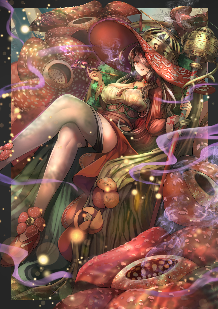 1girl absurdres black_border border breasts brown_hair commentary_request crossed_legs dress flower gem green_gemstone green_hair grey_thighhighs hair_over_one_eye hat highres holding holding_smoking_pipe holding_staff kiseru large_breasts light_particles long_hair looking_at_viewer mole mole_under_eye multicolored_hair nature ohako_(ohako1818) original outside_border personification plant rafflesia_(flower) rafflesia_arnoldi red_eyes red_footwear revision roots shoes shrug_(clothing) sidelocks smile smoke smoking_pipe solo staff thighhighs very_long_hair