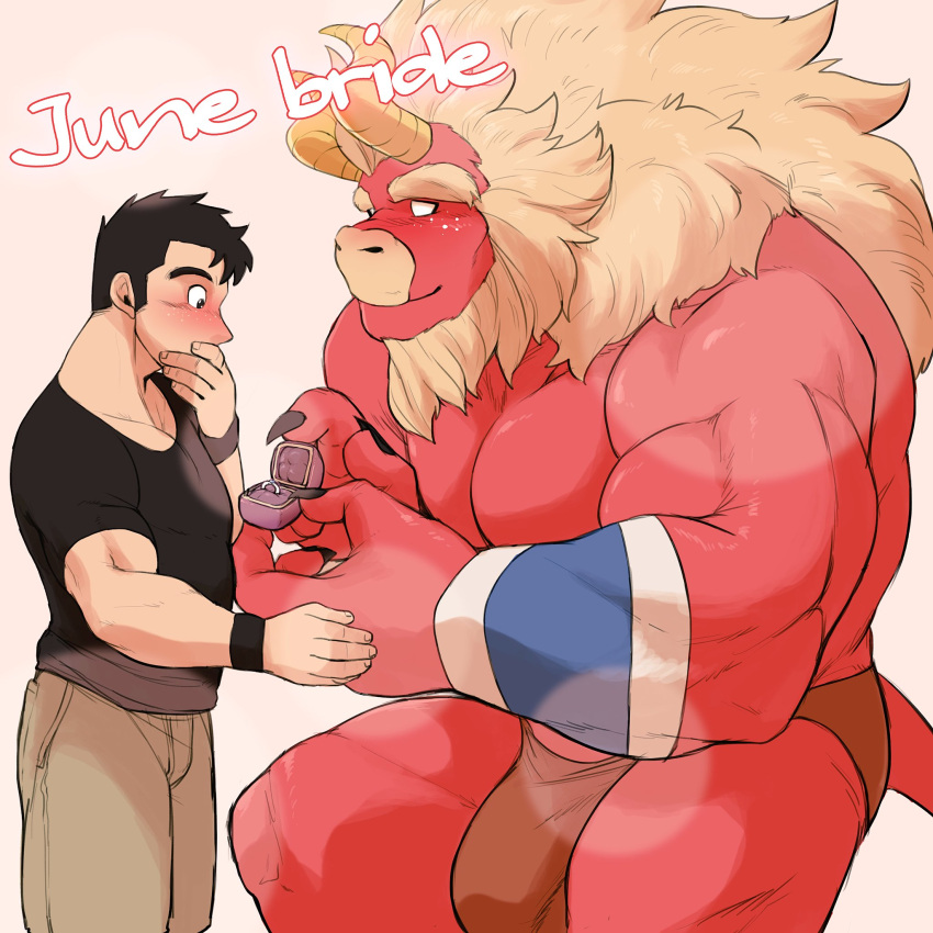 2boys bara beard biceps black_hair blank_eyes blurry blush bokeh bulge colored_skin covering_mouth curled_horns depth_of_field dragon_horns facial_hair feet_out_of_frame forearms forked_eyebrows from_side furry furry_male furry_with_non-furry gardie_(otsukimi) highres horns huge_eyebrows interspecies jewelry kouhei_(otsukimi) large_bulge large_hands large_pectorals lion_hair loincloth looking_at_another male_focus multiple_boys muscular muscular_male original otsukimi pectorals proposal red_skin ring shirt short_hair sideburns sideburns_stubble size_difference standing surprised t-shirt thick_eyebrows topless_male yaoi