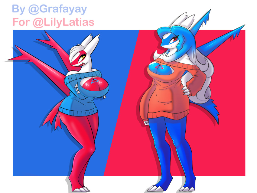 4:3 anthro biped blue_background blue_body border breasts cleavage clothed clothing duo female generation_3_pokemon grafayay hair hi_res latias latios legendary_pokemon nintendo open_mouth pokemon pokemon_(species) red_background red_body red_eyes simple_background smile white_body white_border white_hair yellow_eyes