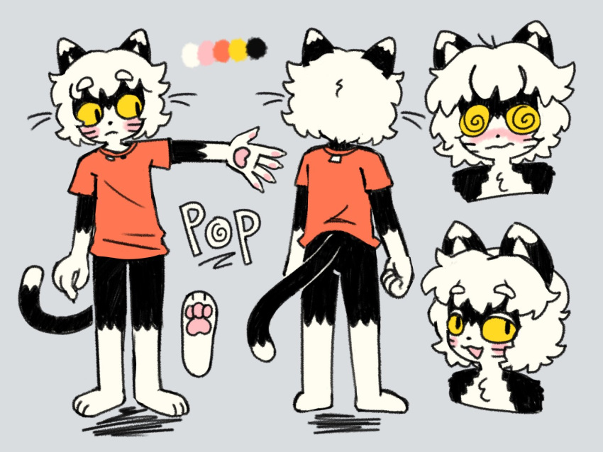 2023 4:3 black_body black_fur blush character_name clothing color_swatch colored dipstick_ears dipstick_limbs dipstick_tail felid fur hair male mammal markings model_sheet multicolored_ears pawpads pink_blush pink_mouth pink_pawpads pop_(popstick) popstick red_clothing red_shirt red_topwear shirt simple_background spiral_eyes tail tail_markings topwear white_body white_chest white_fur white_hair white_inner_ear white_paws yellow_eyes