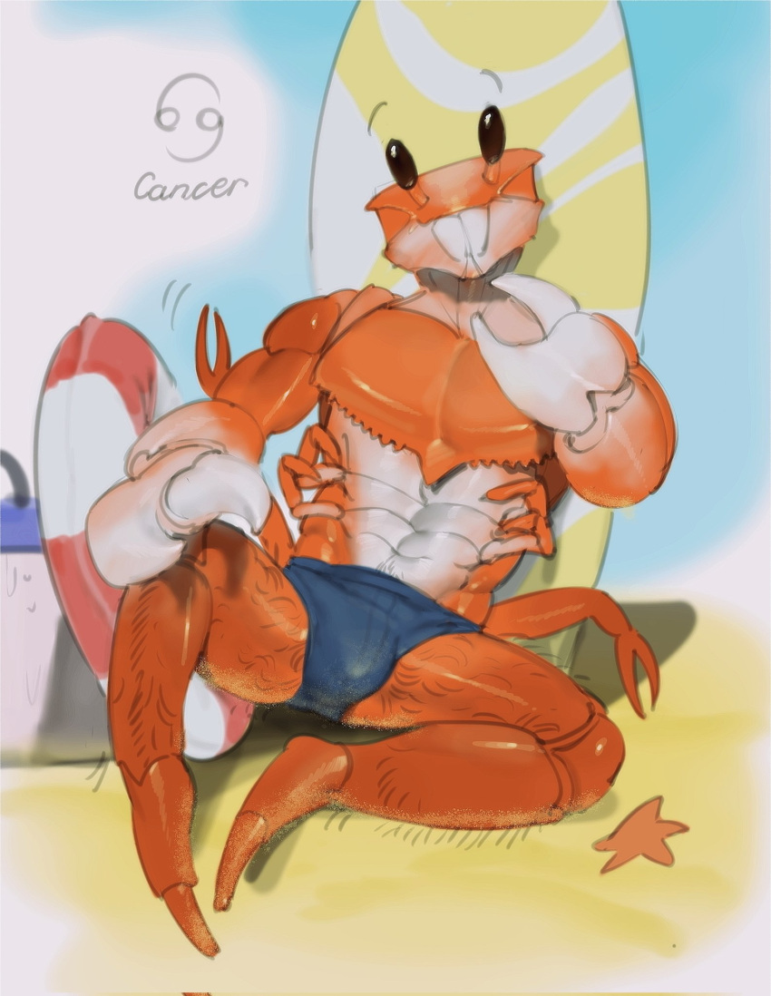 2023 abs ambient_sealife ambient_starfish anthro arthropod asterozoan biceps black_eyes body_hair bulge cancer_(symbol) clothed clothing crab crab_claw crustacean decapoda digital_media_(artwork) echinoderm eyebrows hairy_legs happy_trail hi_res kogito lifesaver looking_at_viewer malacostracan male marine muscular muscular_anthro muscular_male navel outside pecs pinup pose red_body sand solo speedo speedo_only surfboard swimwear topless zodiac_sign