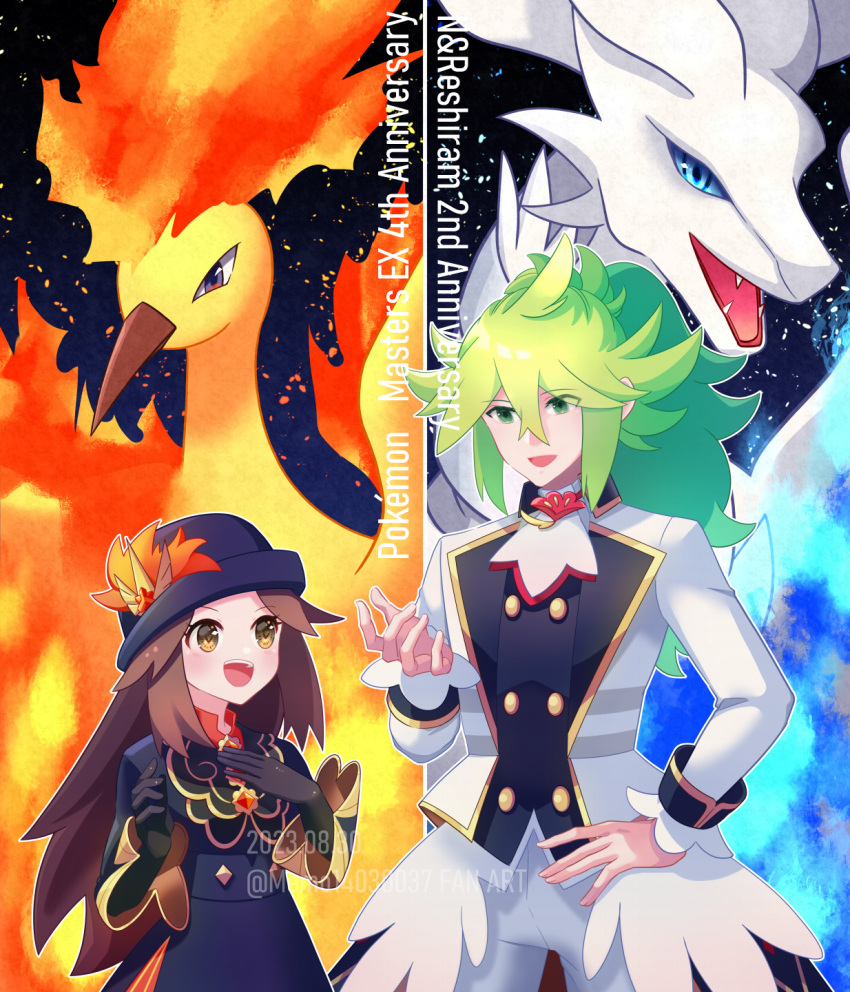 1boy 1girl anniversary beak black_gloves black_headwear blue_fire commentary_request embers fangs fire gloves green_eyes green_hair hand_on_own_hip highres leaf_(champion)_(pokemon) leaf_(pokemon) memo14030037 moltres n_(anniversary_2021)_(pokemon) n_(pokemon) official_alternate_costume pokemon pokemon_(game) pokemon_masters_ex reshiram smile watermark wings