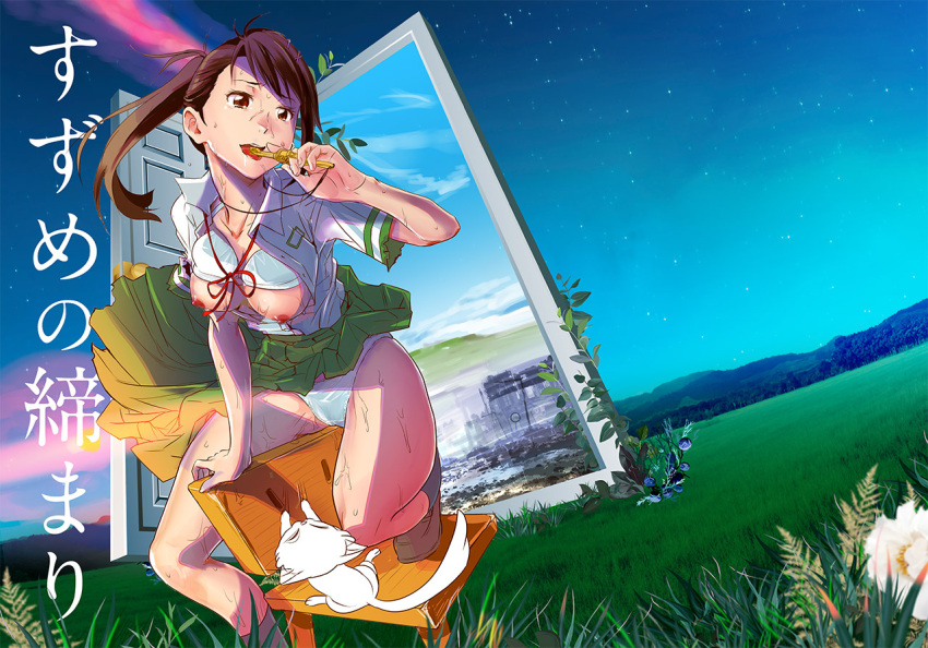 1girl black_socks blue_sky bra breasts breasts_out brown_eyes brown_hair cat cloud cloudy_sky cover cover_page covered_nipples daijin_(suzume) doujin_cover grass green_skirt holding holding_key iwato_suzume jewelry key long_hair medium_breasts munakata_souta munakata_souta_(chair) nanase_jiro necklace nipples open_mouth outdoors panties pleated_skirt ponytail public_indecency public_nudity pussy_juice shirt short_sleeves skirt sky socks solo suzume's_chair suzume_no_tojimari underwear white_bra white_cat white_panties white_shirt