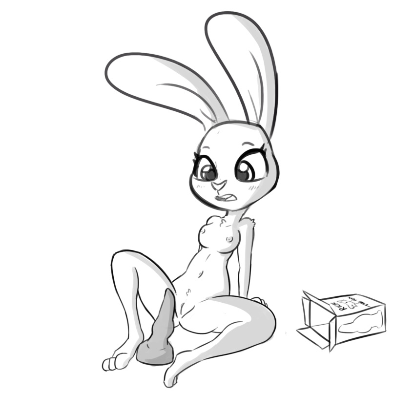 2019 3_toes animal_dildo animal_sex_toy anthro blush box breasts canine_dildo chest_tuft container dildo disney eyelashes feet female fur genitals grey_background greyscale hi_res judy_hopps lagomorph leporid long_ears looking_down mammal monochrome navel nipples pussy rabbit sex_toy shouder_tuft simple_background sitting small_breasts solo tjpones toes tuft zootopia