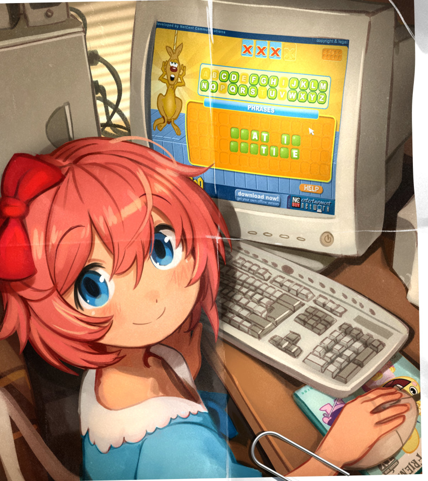 1girl absurdres blue_eyes blue_shirt blush bow doki_doki_literature_club english_commentary hair_between_eyes hair_bow happy_tree_friends highres keyboard_(computer) khyle. looking_at_viewer monitor mouse_(computer) pink_hair red_bow sayori_(doki_doki_literature_club) shirt smile solo upper_body