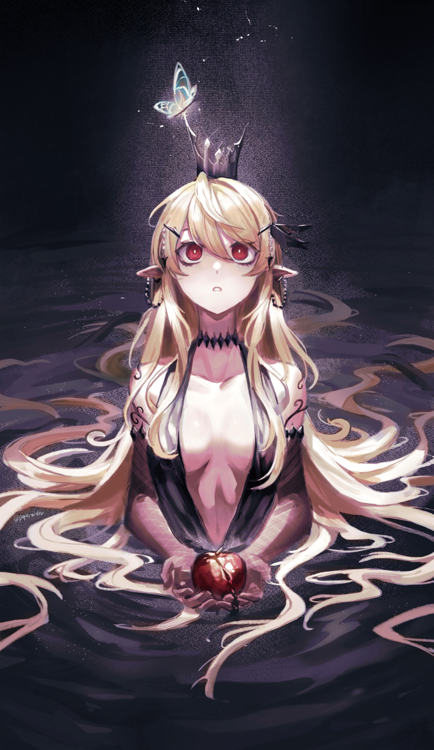 1girl apple bare_shoulders black_choker black_dress black_liquid blonde_hair breasts bright_pupils bug butterfly center_opening choker crown dress earrings elbow_gloves food fruit gloves gown hair_between_eyes hair_ornament hairclip halter_dress halterneck highres jewelry long_hair looking_up medium_breasts nijisanji nijisanji_en papercider parted_lips partially_submerged plunging_neckline pointy_ears pomu_rainpuff red_eyes solo very_long_hair virtual_youtuber water white_pupils