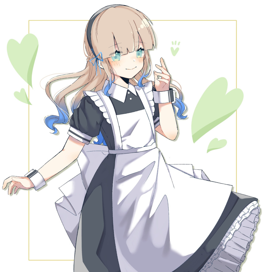 1girl alternate_costume alternate_hairstyle apron black_dress blonde_hair blue_bow blue_eyes blush bow commentary dress fate/grand_order fate_(series) freedumco frilled_dress frills hairband heart highres long_hair maid maid_apron nemo_(fate) nurse_nemo_(fate) short_sleeves simple_background smile solo white_background wrist_cuffs