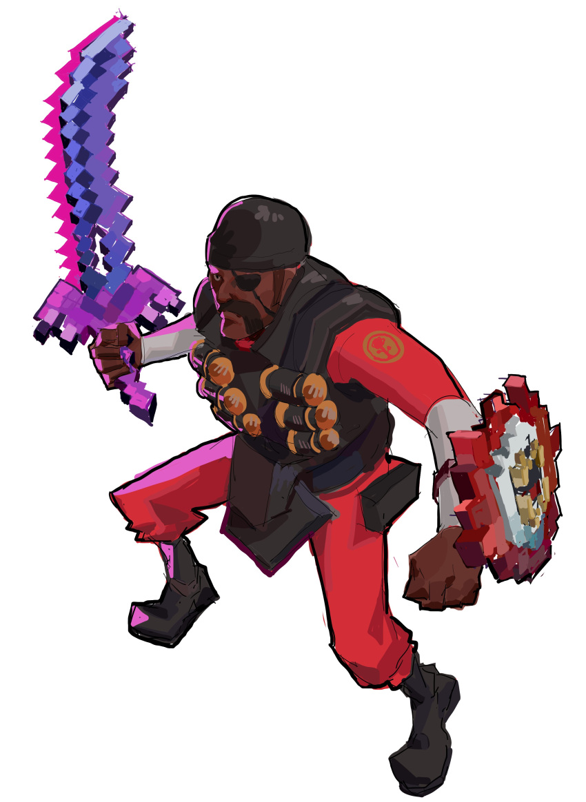 1boy absurdres ammunition_belt black_footwear black_headwear boots commentary dark-skinned_female dark_skin demoman_(tf2) english_commentary explosive eyepatch facial_hair grenade hat highres holding holding_sword holding_weapon long_sleeves male_focus mustache pants red_pants red_shirt shaw9987 shield shirt simple_background solo standing sword team_fortress_2 terraria weapon white_background