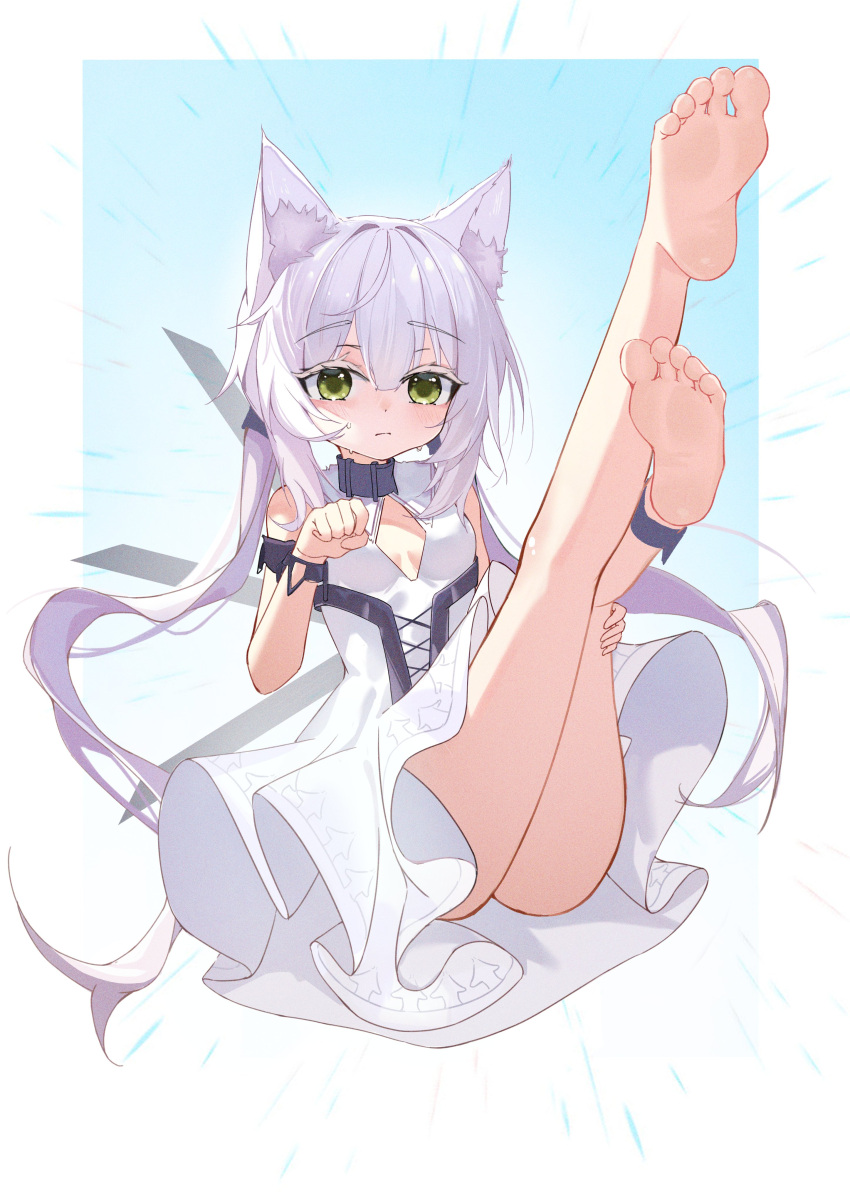 1girl absurdres animal_ear_fluff arknights blue_background border breasts cleavage_cutout clothing_cutout dress feet frilled_dress frills full_body gradient_background green_eyes hair_between_eyes hair_ribbon hand_on_own_thigh hands_up highres kakyouin2002 legs_up light_purple_hair long_hair paw_pose ribbon rosmontis_(arknights) shadow shiny_skin sidelocks sleeveless sleeveless_dress small_breasts soles solo thighs toes very_long_hair white_background white_border white_dress