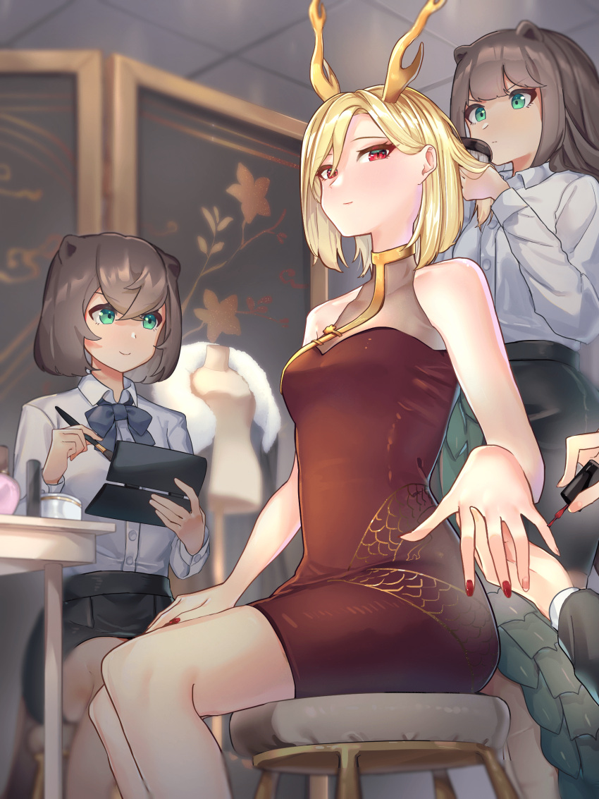 3girls absurdres antlers blonde_hair dragon_girl dragon_horns dragon_tail green_eyes highres horns kicchou_yachie multiple_girls nail_polish otter otter_spirit_(touhou) red_eyes red_nails short_hair tail touhou turtle_shell wankosoba_(wanwan_soba) yellow_horns