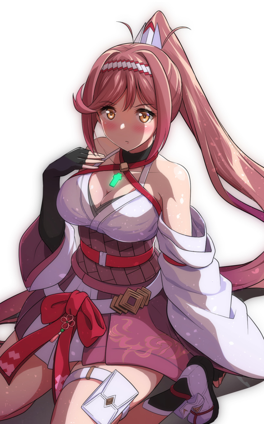 1girl bare_shoulders black_gloves blush bow breasts brown_eyes chest_jewel cleavage closed_mouth collarbone core_crystal_(xenoblade) criss-cross_halter detached_sleeves elbow_gloves foot_out_of_frame glimmer_(xenoblade) gloves hairband halterneck hand_up high_ponytail highres japanese_clothes kayama_kenji kimono large_breasts long_hair looking_at_viewer obi red_bow red_hair red_hairband sandals sash shadow sidelocks simple_background sitting solo swept_bangs tabi thigh_pouch thighs two-tone_hairband wariza white_background white_hairband white_kimono wide_sleeves xenoblade_chronicles_(series) xenoblade_chronicles_3 xenoblade_chronicles_3:_future_redeemed