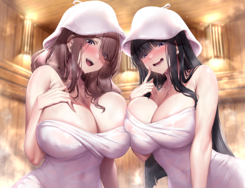 2girls bare_arms black_hair blunt_bangs blunt_ends blurry blurry_background blush breast_press breasts brown_hair cleavage hair_over_one_eye huge_breasts index_finger_raised indoors ken_ill large_breasts long_hair looking_at_viewer multiple_girls naked_towel naughty_face open_mouth original sauna sidelocks teeth towel tulip_hat very_long_hair wooden_wall