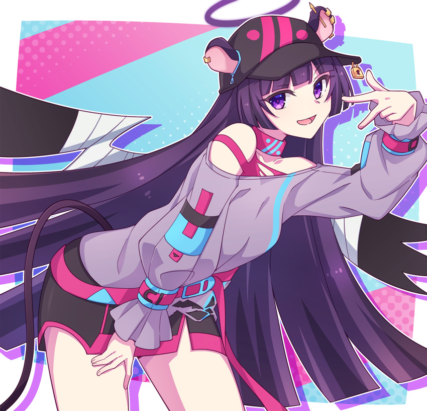 1girl :d animal_ears bare_shoulders baseball_cap black_headwear black_skirt collarbone e20 ear_piercing ears_through_headwear grey_shirt halo hand_up hat highres leaning_forward lock long_hair long_sleeves looking_at_viewer mouse_ears mouse_girl mouse_tail off_shoulder padlock piercing puffy_long_sleeves puffy_sleeves purple_eyes purple_hair shimmakk_(show_by_rock!!) shirt show_by_rock!! skirt sleeves_past_wrists smile solo tail very_long_hair