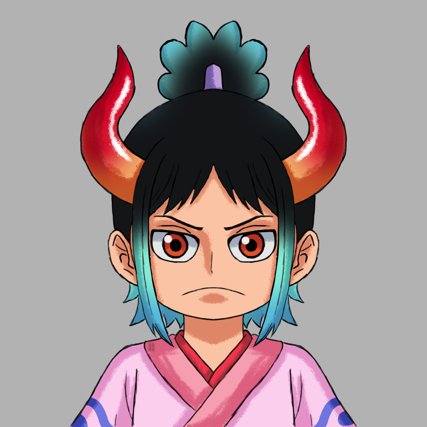 1boy absurdres black_hair closed_mouth fusion green_hair grey_background high_ponytail highres horns if_they_mated japanese_clothes looking_at_viewer male_focus momonosuke_(one_piece) multicolored_hair one_piece orange_eyes original ponytail raulkuro short_hair simple_background solo spanish_commentary traditional_clothes upper_body v-shaped_eyebrows yamato_(one_piece)