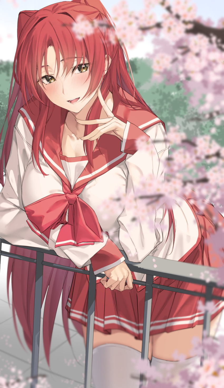 1girl against_railing blurry blurry_foreground blush breasts cherry_blossoms depth_of_field highres kousaka_tamaki large_breasts long_hair looking_at_viewer pallad pleated_skirt railing red_hair red_serafuku school_uniform serafuku skirt smile solo thighhighs to_heart_2 two_side_up very_long_hair white_thighhighs zettai_ryouiki