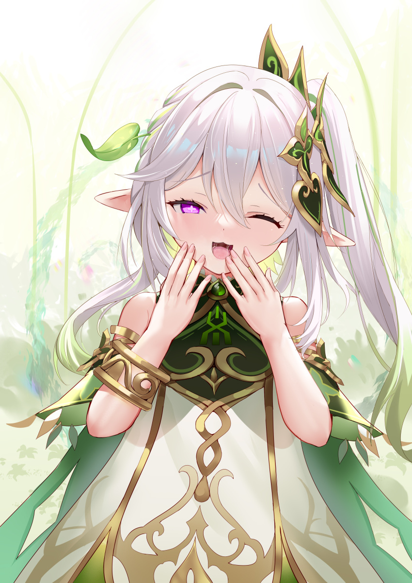 1girl :3 absurdres alternate_eye_color bracelet cape child chinese_commentary commentary_request cross-shaped_pupils dress female_child genshin_impact gold_trim gradient_background gradient_hair green_background green_cape green_hair grey_hair hair_between_eyes hair_ornament hands_on_own_cheeks hands_on_own_face head_tilt highres jewelry leaf_hair_ornament multicolored_hair nahida_(genshin_impact) one_eye_closed open_mouth pointy_ears purple_eyes saliva sidelocks smile solo symbol-shaped_pupils tongue upper_body white_dress zhongwu_chahui