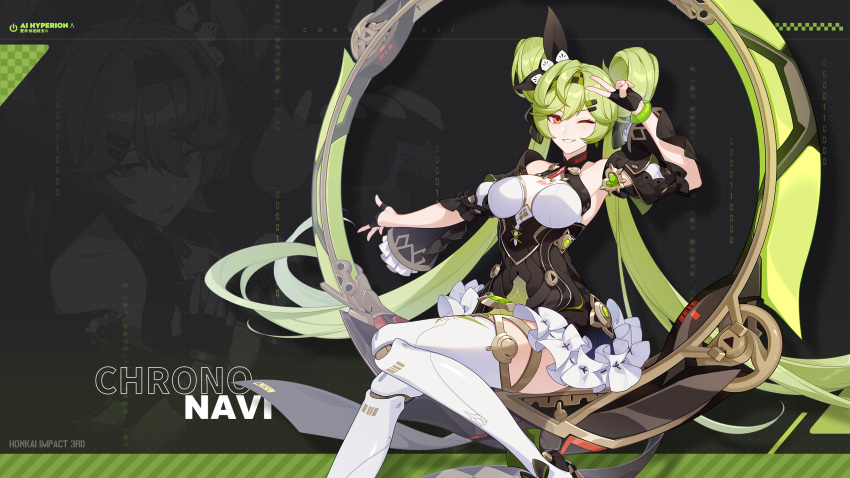 1girl ai-chan_(chrono_navi)_(honkai_impact) ai-chan_(honkai_impact) bare_shoulders black_headwear breasts chakram chinese_text english_text fingerless_gloves gloves green_bracelet green_hair highres honkai_(series) honkai_impact_3rd large_breasts leggings long_hair looking_at_viewer official_art official_wallpaper open_hand sitting smile solo translated v weapon white_leggings