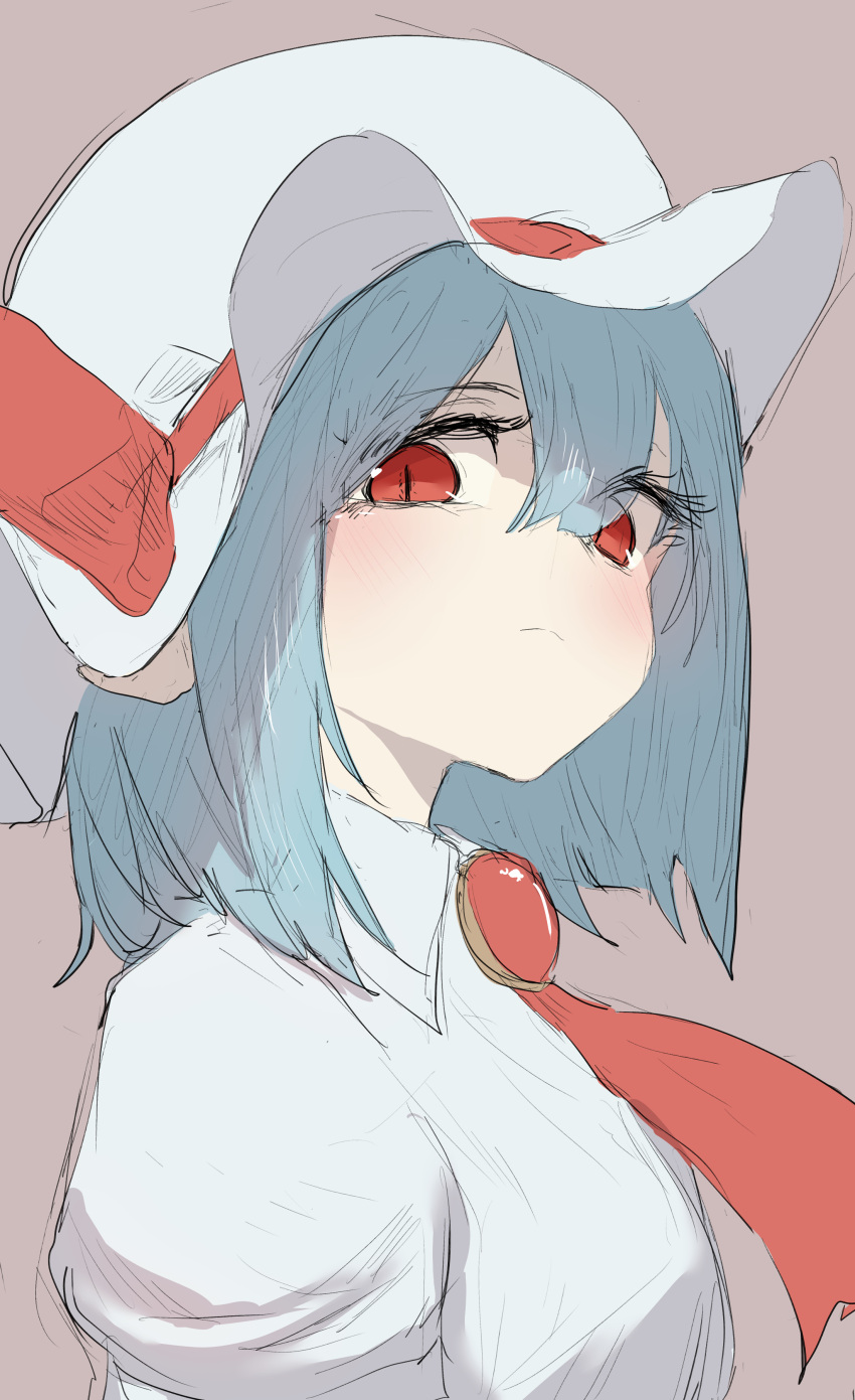 1girl absurdres ascot blue_hair blush brooch collared_shirt hat hat_ribbon highres jewelry looking_at_viewer mob_cap portrait red_ascot red_eyes red_ribbon remilia_scarlet ribbon shirt simple_background sketch slit_pupils solo sotatsudraw touhou white_shirt