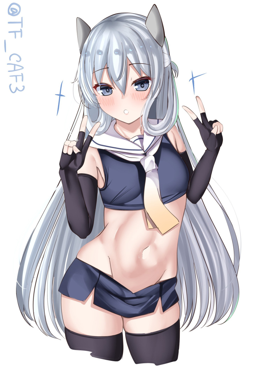 1girl black_gloves black_thighhighs blue_eyes blue_hair blue_skirt commentary_request crop_top double_v elbow_gloves fake_horns fingerless_gloves gloves gradient_neckerchief grey_hair hair_between_eyes hands_up headgear highres horned_headwear horns i-203_(kancolle) kantai_collection light_blush long_hair looking_at_viewer microskirt midriff navel neckerchief nontraditional_school_swimsuit one-hour_drawing_challenge parted_lips pencil_skirt sailor_collar school_swimsuit sidelocks skirt sleeveless solo sparkle swimsuit tf_cafe thighhighs twitter_username v white_background white_neckerchief white_sailor_collar