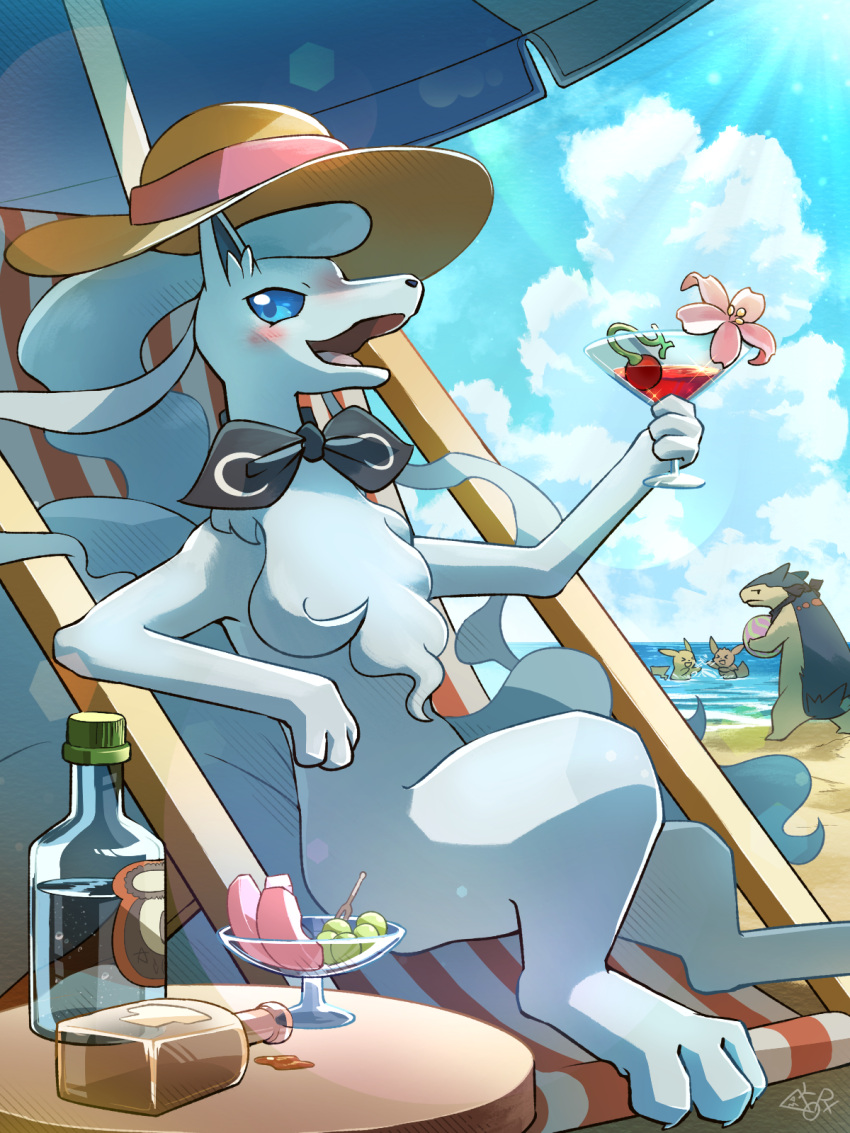 2022 3:4 3_toes alcohol alolan_form alolan_ninetales ball beach beach_ball beach_chair berry beverage biped black_nose black_scarf blue_body blue_ears blue_eyes blue_fur blue_sky blush brown_body chair cheri_berry clothing cloud cocktail cocktail_glass container cup day digital_media_(artwork) digital_painting_(artwork) drinking_glass eevee empty_bottle eyes_closed feet female_(lore) feral floppy_ears flower food fruit fur fur_tuft furniture generation_1_pokemon generation_2_pokemon glass glass_container glass_cup glistening glistening_eyes group hakkentai_pkdn hat headgear headwear hi_res holding_ball holding_glass holding_object inflatable lens_flare light light_beam long_fur looking_at_viewer looking_back male male_(lore) monotone_body monotone_ears monotone_tail multi_tail nintendo open_mouth outside pikachu pink_flower pink_tongue plant playing pmd:_discovery_team_of_stars_and_souls pokemon pokemon_(species) pokemon_berry pokemon_mystery_dungeon prick_ears quadruped recliner regional_form_(pokemon) sand scarf sea seaside shadow signature sky splash splashing_water sunbeam sunlight table tail tan_body tan_fur toes tongue tuft typhlosion umbrella water white_body white_ears white_fur white_paws white_tail yellow_body