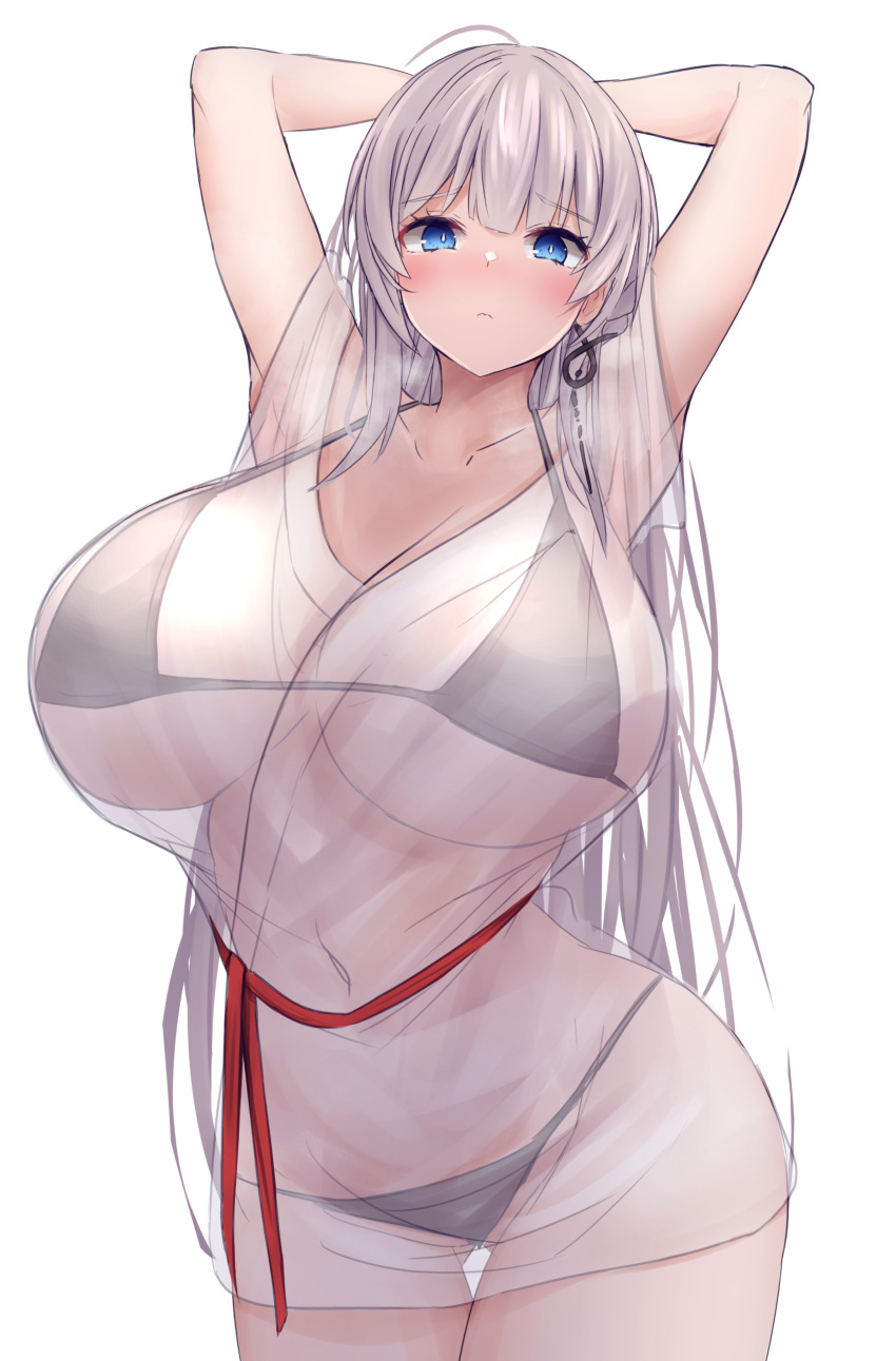 1girl absurdres arms_behind_head azur_lane bikini blue_eyes blush breasts cleavage closed_mouth collarbone cowboy_shot curvy earrings grey_hair highres huge_breasts jewelry long_hair looking_at_viewer mainz_(azur_lane) mainz_(the_silkiest_brew)_(azur_lane) navel see-through single_earring solo standing string string_of_fate swimsuit swimsuit_under_clothes thick_thighs thighs white_background wide_hips yuuki_shuri
