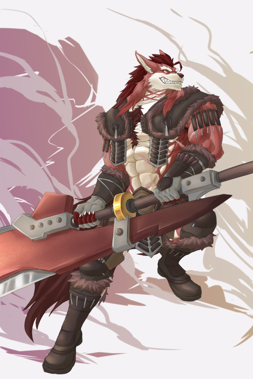 2:3 absurd_res anthro body_hair canid canine capcom chest_hair clenched_teeth dungeons_and_dragons grin hasbro hi_res huge_sword lee_(zark) male mammal monster_hunter muscular red_body red_eyes scar smile solo tail teeth tribe warrior weapon were werecanid werecanine werewolf wizards_of_the_coast wristband