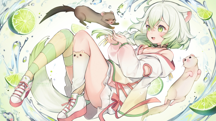 1girl ahoge animal animal_ear_fluff animal_ears artist_name asymmetrical_legwear blouse choker colored_shoe_soles colored_tips fang ferret ferret_ears ferret_girl ferret_tail floating food fruit green_eyes green_hair green_nails hair_between_eyes jacket laimu_(vtuber) lime_(fruit) long_hair multicolored_hair multicolored_nails nail_polish open_mouth pink_nails ribbon shirt shoes signature solo tail thighhighs vinesauce virtual_youtuber water weasel white_footwear white_hair white_jacket yenkoes